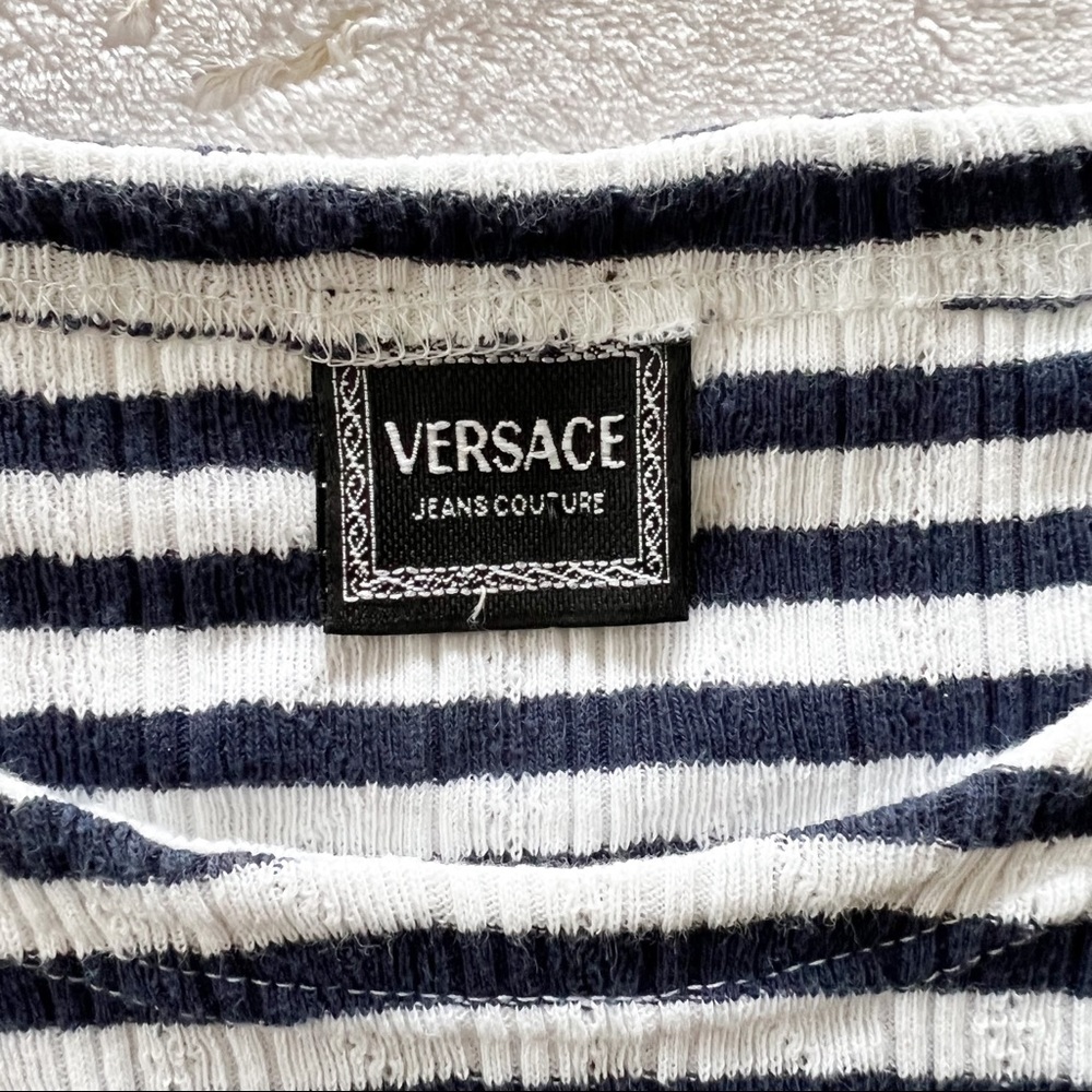 Vintage 90s Versace Jeans Couture Blue And White Striped Cotton Knit Crop Top - Picture 4 of 11